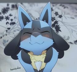  2016 :3 ambiguous_gender anthro blue_body blue_fur blush canid canine closed_eyes fur generation_4_pokemon happy harusuke lucario mammal nintendo pokemon pokemon_(species) signature smile solo standing text 