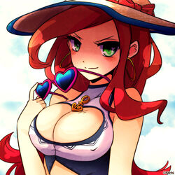  bare_shoulders breasts cleavage cleavage_cutout clothing_cutout commentary_request covered_nipples earrings female green_eyes hat hat_ribbon heart heart-shaped_eyewear hoop_earrings jewelry large_breasts league_of_legends long_hair looking_at_viewer miss_fortune_(league_of_legends) pool_party_(league_of_legends) pool_party_miss_fortune red_hair ribbon solo stchi.wong unworn_eyewear 