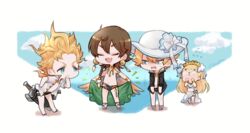  3boys alternate_costume bikini blonde_hair blush bracelet braid brown_hair cape chibi closed_eyes cloud commentary_request feather_(granblue_fantasy) female flying_sweatdrops granblue_fantasy gucha_(netsu) hair_ribbon hat hood hoodie jewelry male_swimwear multiple_boys nezahualpilli official_alternate_costume open_clothes open_shirt petra_(granblue_fantasy) ribbon sarong seofon_(eternal&#039;s_summer_vacation)_(granblue_fantasy) seofon_(granblue_fantasy) shirt sky sweatdrop swim_briefs swimsuit sword weapon wings 