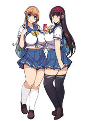  2girls aqua_eyes bag black_legwear blue_eyes blue_skirt blush bow breasts brown_footwear brown_hair cellphone commentary_request full_body grin hair_ornament hairband heel_up high-waist_skirt highres holding holding_phone holding_strap huge_breasts kneehighs large_breasts loafers long_hair looking_at_viewer mariana_princilla midriff mil_(xration) multiple_girls navel neckerchief phone pleated_skirt reco_love reco_love_gold_beach red_eyes sailor_collar school_uniform serafuku shoes short_sleeves simple_background skirt smile socks standing thick_thighs thighhighs thighs white_background white_legwear yuina_(reco_love) 