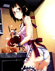  10s absurdres apron ass black_hair bowl breasts cake cooking cream cream_on_face female female food fruits glasses hair_ornament hairclip high_school_dxd highres holding kitchen looking_at_viewer looking_back mixing_bowl miyama-zero no_bra oven panties purple_eyes scan short_hair small small_breasts solo sona_sitri thigh_strap underwear whip_cream whisk white_panties wrist_cuffs 