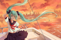  arm_up black_bow black_sailor_collar black_skirt blue_hair boat bow cloud commentary duximeng female floating_hair green_eyes hairbow hatsune_miku long_hair miniskirt neckerchief orange_sky oriental_pearl_tower photoshop_(medium) pleated_skirt real_world_location red_neckerchief sailor_collar school_uniform serafuku shanghai shanghai_world_financial_center shirt short_sleeves skirt sky smile solo standing twintails very_long_hair vocaloid water watercraft white_shirt 