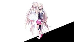  2girls akasaka_aka blue_eyes boots braids dress ia kneehighs long_hair photoshop skirt thighhighs vocaloid white_hair 