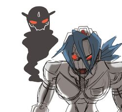  blue_hair brain_drain_(skullgirls) commentary_request female ghost hat long_hair mechanization nurse_cap nyoro_mutou ponytail red_eyes skullgirls solo valentine_(skullgirls) 