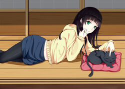  bad_id bad_pixiv_id black_cat black_hair black_pantyhose blunt_bangs chito_(flying_witch) feline female flying_witch green_eyes hood hoodie kowata_makoto long_hair miniskirt pantyhose photoshop_(medium) pillow rainyhacker sidelocks skirt sleeping smile solo straight_hair 