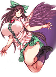  breasts brown_eyes brown_hair female female flying gigantic_breasts ginnyo hair_ornament hair_ribbon huge_breasts knees legs long_hair miniskirt reiuji_utsuho ribbon shirt shoes simple_background skirt socks solo touhou white_background wings 