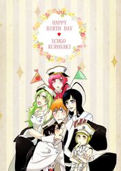  1boy 5girls bambietta_basterbine black_hair bleach blonde_hair blue_eyes blush brown_eyes candice_catnipp flag giselle_gewelle green_eyes green_hair hug kurosaki_ichigo liltotto_lamperd meninas_mcallon military_uniform open_mouth orange_hair peaked_cap pink_hair popsicle strawberry sweatdrop tagme yellow_eyes 