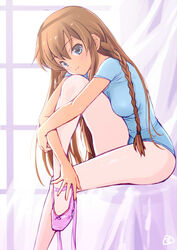  aqua_eyes ballet_slippers blush braid breasts brown_hair commentary_request female hugging_own_legs idolmaster idolmaster_million_live! kousaka_umi leotard long_hair looking_at_viewer medium_breasts mercy_rabbit pantyhose smile solo twin_braids white_pantyhose 