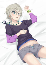  absurdres anastasia_(idolmaster) bed_sheet black_shirt blue_eyes blue_panties bow bow_panties commentary crescent denim denim_shorts female fingernails from_above grey_hair highres idolmaster idolmaster_cinderella_girls jewelry k-ya. lace lace-trimmed_panties lace_trim light_smile lips long_sleeves looking_to_the_side lying midriff navel necklace on_back on_bed panties panty_peek parted_lips shirt shirt_straps short_hair short_shorts shorts solo unbuttoned underwear upshorts 