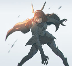  armor brown_eyes brown_hair cape claws commentary female gauntlets headgear ilya_kuvshinov_(style) koyorin long_hair looking_at_viewer lupiar momodora:_reverie_under_the_moonlight photoshop_(medium) solo watermark web_address 