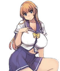  blonde_hair blue_eyes blue_skirt blush breasts commentary_request female highres large_breasts long_hair looking_at_viewer mariana_princilla mil_(xration) navel pleated_skirt reco_love reco_love_gold_beach school_uniform serafuku short_sleeves simple_background skirt smile solo white_background 