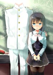  1boy admiral_(kancolle) asashio_(kancolle) asashio_kai_ni_(kancolle) belt black_hair black_pantyhose blue_eyes blush commentary_request dress female hand_on_another&#039;s_shoulder height_difference highres jewelry kantai_collection long_hair long_sleeves looking_at_viewer military military_uniform miyabi_(miyabi) naval_uniform neck_ribbon open_mouth out_of_frame pantyhose pinafore_dress red_ribbon ribbon ring sleeveless sleeveless_dress smile uniform wedding_ring 