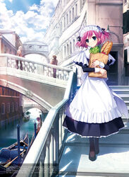  apron bag black_bow black_footwear black_legwear black_shirt black_skirt blue_eyes bow bridge cloud day female food frilled_bow frilled_skirt frills full_body fumio_(ura_fmo) grisaia_(series) grisaia_no_rakuen hair_between_eyes hairbow high_heels highres holding holding_bag komine_sachi long_skirt looking_to_the_side maid maid_headdress outdoors pink_hair pumps shirt skirt sky stairs standing sunlight translation_request twintails white_apron 