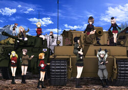  6+girls absurdres alisa_(girls_und_panzer) anchovy_(girls_und_panzer) ankle_boots anzio_military_uniform assam_(girls_und_panzer) black_footwear blonde_hair boots brown_eyes brown_hair darjeeling_(girls_und_panzer) emblem girls_und_panzer highres itsumi_erika jagdtiger jodhpurs katyusha_(girls_und_panzer) kay_(girls_und_panzer) knee_boots kuromorimine_military_uniform kv-2 long_hair maus_(tank) military military_uniform military_vehicle motor_vehicle multiple_girls naomi_(girls_und_panzer) nina_(girls_und_panzer) nishizumi_maho nonna_(girls_und_panzer) official_art orange_pekoe_(girls_und_panzer) outdoors pants pravda_military_uniform riding_crop saunders_(emblem) saunders_military_uniform sherman_firefly short_hair st._gloriana&#039;s_military_uniform tank tiger_i tiger_ii uniform 