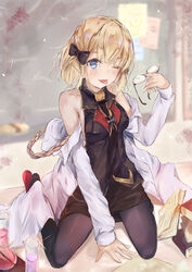  ;p arm_support azur_lane bare_shoulders between_legs black_bow black_necktie black_pantyhose black_shirt black_skirt blonde_hair blue_eyes blurry blurry_background blush book bow breasts closed_mouth collarbone commentary_request depth_of_field female fingernails flask glasses hair_between_eyes hairbow hanagin hand_between_legs hand_up head_tilt highres holding holding_removed_eyewear lab_coat long_sleeves looking_at_viewer medium_breasts necktie off_shoulder official_alternate_costume one_eye_closed open_book pantyhose red_footwear round-bottom_flask shirt sitting skirt sleeveless sleeveless_shirt sleeves_past_wrists solo tongue tongue_out unworn_eyewear wariza z23_(azur_lane) z23_(philosophy_sensei)_(azur_lane) 