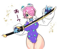  blue_eyes blush breasts cameltoe cleavage cleavage_cutout clothing_cutout commentary_request cowboy_shot female hair_ornament hair_over_one_eye holding holding_sword holding_weapon katana large_breasts open_mouth original phantasy_star phantasy_star_zero pink_hair pointy_ears rei_(holyspirit) short_hair solo sword thighhighs weapon zefirumu 