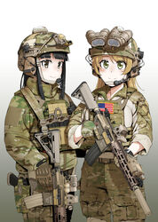  2girls american_flag assault_rifle camouflage collared_shirt commentary_request eotech gloves gun gun_sling h&amp;k_hk416 headphones heckler_&amp;_koch helmet laser_sight load_bearing_equipment load_bearing_vest long_hair looking_at_viewer magazine_(weapon) military military_operator multiple_girls night_vision_device original rifle shino_(r_shughart) shirt suppressor trigger_discipline weapon woodland_camouflage 