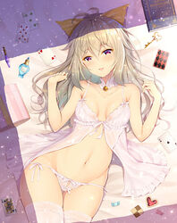  ace_(playing_card) ace_of_spades antenna_hair babydoll bare_arms bare_shoulders bed_sheet blush book bow bow_panties breasts candy_wrapper card checkerboard_cookie club_(shape) collarbone commentary_request cookie diamond_(shape) female food groin hair_between_eyes hairbow heart key kuroe_(sugarberry) light_brown_hair long_hair lying medium_breasts navel on_back panties parted_lips photoshop_(medium) playing_card purple_eyes shadow_alice_(wonderland_wars) side-tie_panties smile solo spade_(shape) sunshine_creation thighhighs underwear underwear_only vial white_babydoll white_panties white_thighhighs wonderland_wars yellow_bow 