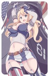  absurdres american_flag arms_up ass_visible_through_thighs blonde_hair blue_eyes breasts commentary_request elbow_gloves female fingerless_gloves garter_straps gloves hand_on_headwear hat highres historical_name_connection iowa_(kancolle) kantai_collection large_breasts long_hair military_vehicle miniskirt name_connection navel object_namesake open_mouth phibonnachee ship skirt solo star-shaped_pupils star_(symbol) striped_clothes striped_thighhighs symbol-shaped_pupils thighhighs uss_iowa_(bb-61) vehicle_and_personification warship watercraft 