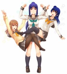  &gt;:) 3girls :d ako_suke arms_up black_pantyhose black_skirt black_socks black_thighhighs blue_hair blush bow bowtie brown_footwear cardigan clenched_hands closed_mouth collarbone commentary_request flexing full_body hair_bun hanging high_ponytail highres kneehighs kunikida_hanamaru loafers long_hair long_sleeves love_live! love_live!_sunshine!! matsuura_kanan middle_w motion_lines multiple_girls neckerchief open_mouth orange_bow orange_bowtie pantyhose pleated_skirt pose purple_eyes school_uniform serafuku shirt shoes single_hair_bun skirt smile socks standing star_(symbol) striped_clothes striped_skirt swept_bangs thighhighs trembling tsushima_yoshiko uranohoshi_school_uniform v-shaped_eyebrows w white_background white_shirt 