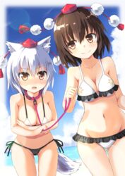  2girls alternate_costume animal_collar animal_ears ass_visible_through_thighs beach bikini black_bikini bluekalmia breast_hold breasts brown_hair cloud cloudy_sky collar commentary_request day frilled_bikini frills hair_between_eyes hat highres inubashiri_momiji leaning_forward looking_at_another md5_mismatch medium_breasts micro_bikini multiple_girls ocean open_mouth outdoors pom_pom_(clothes) red_eyes shameimaru_aya short_hair side-tie_bikini_bottom sideboob sky smile swimsuit tail thighs tokin_hat touhou wolf_ears wolf_tail 