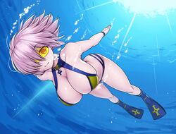  arm_at_side asamura_hiori beach bikini blush breasts cleavage closed_mouth commentary_request day fate/grand_order fate_(series) female full_body hair_over_one_eye highres large_breasts mash_kyrielight mash_kyrielight_(dive_to_blue) medium_hair navel official_alternate_costume purple_eyes purple_hair smile solo stomach submerged swimsuit underwater 