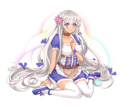  absurdres belt blue_eyes collar commentary_request female flower frills hair_flower hair_ornament highres long_hair looking_at_viewer onceskylark photoshop_(medium) sitting solo south_dakota_(warship_girls_r) tan thighhighs very_long_hair wariza warship_girls_r wavy_mouth white_hair white_thighhighs 