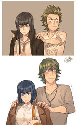  1boy age_comparison aged_down blue_eyes blue_hair blush borrowed_clothes commentary_request cooru dual_persona female green_hair jacket jacket_on_shoulders kill_la_kill kiryuuin_satsuki sanageyama_uzu shirt short_hair spoilers 