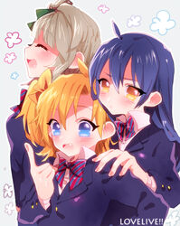  3girls blazer blue_eyes blue_hair blush bow commentary_request copyright_name etsuo flower grey_hair hairbow hand_on_another&#039;s_shoulder height_difference jacket kosaka_honoka long_hair looking_away love_live! love_live!_school_idol_project minami_kotori multiple_girls oerba_yun_fang one_side_up open_mouth orange_eyes orange_hair otonokizaka_school_uniform photoshop_(medium) pointing pout profile school_uniform short_hair simple_background smile standing tojo_nozomi 