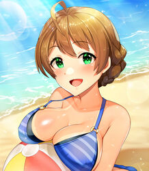  absurdres ahoge bad_id bad_pixiv_id ball bare_shoulders beach beachball bikini blue_bikini blush braid breasts cleavage collarbone commentary_request day female green_eyes hair_between_eyes highres holding idolmaster idolmaster_million_live! idolmaster_million_live!_theater_days jai_(whany1998) large_breasts light_brown_hair looking_at_viewer o-ring ocean open_mouth outdoors photoshop_(medium) sakuramori_kaori smile solo sparkle striped_bikini striped_clothes sunlight swimsuit tan tanlines tied_hair 