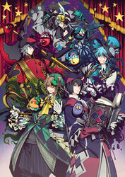  5boys akira_(togainu_no_chi) anniversary axe beamed_eighth_notes black_hair blue_eyes blue_hair book brain_hatter_(nitro+_chiral) brown_hair cloak company_connection crescent crescent_hair_ornament curtains dramatical_murder eighth_note fairy_(nitro+_chiral) fez_hat ghost gloves good_night_(nitro+_chiral) grey_hair guitar hair_ornament harp hat heart highres instrument inu_(nitro+_chiral) kisekiuo_(nitro+_chiral) konoe_(lamento) lamento male_focus multiple_boys musical_note naitou-kun nitro+_chiral official_art orange_eyes peaked_cap red_eyes ringed_eyes sakiyama_youji seragaki_aoba sharp_sign sweet_pool syringe togainu_no_chi top_hat treble_clef weapon white_gloves yamada_uiro yellow_eyes 