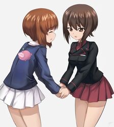  2girls anglerfish ashiwara_yuu black_jacket blue_jacket brown_eyes brown_hair closed_eyes commentary_request cowboy_shot dress_shirt emblem facing_another fish girls_und_panzer highres holding_hands jacket kuromorimine_military_uniform light_smile long_sleeves looking_at_another military military_uniform miniskirt multiple_girls nishizumi_maho nishizumi_miho no_headwear ooarai_military_uniform parted_lips pleated_skirt red_shirt red_skirt shirt short_hair siblings sisters skirt standing uniform white_skirt 