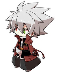  1boy bad_id bad_pixiv_id black_pants blazblue chibi grey_hair heterochromia jacket kuro_yuzu male_focus pants ragna_the_bloodedge red_jacket 