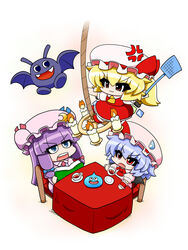  3girls :3 :o anger_vein bat_(animal) bat_wings blonde_hair blue_eyes blue_hair book candelabra candlestand chair chibi commentary_request crescent cup dracky dragon_quest dress fangs flandre_scarlet flying flyswatter hair_ribbon hat hat_ribbon highres mob_cap multiple_girls open_mouth patchouli_knowledge pink_dress purple_dress purple_hair red_dress red_eyes remilia_scarlet ribbon rope sitting slime_(dragon_quest) smile sweatdrop table teacup touhou tress_ribbon v-shaped_eyebrows wings yamato_damashi 