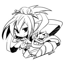  1boy amane_nishiki artist_name bad_id bad_pixiv_id blazblue chibi greyscale hair_between_eyes hair_bun hair_ornament hair_stick kuro_yuzu line_art looking_at_viewer male_focus monochrome otoko_no_ko outstretched_arm ponytail simple_background single_hair_bun solo white_background 