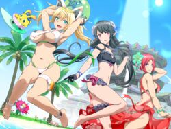  3girls anette_(pso2) anklet armpits arms_up ass bakuchiku ball bare_shoulders barefoot beach beachball beads bikini bikini_top_only bird black_bikini black_gloves black_hair blonde_hair blue_eyes blue_scrunchie blue_sky blunt_bangs blush bow bracelet braid breasts bridal_garter building cleavage cleavage_cutout clothing_cutout commentary_request creature day diving_mask diving_mask_on_head dutch_angle earrings floral_print flower french_braid frills full_body gene_(pso2) gloves goggles goggles_on_head grass green_eyes green_flower green_hair hair_between_eyes hair_ornament hair_ribbon hair_scrunchie hairband hairclip happy holding innertube jewelry jumping lace_trim large_breasts lens_flare light_smile long_hair looking_at_viewer looking_back medium_breasts midair midriff multicolored_hair multiple_girls navel oerba_yun_fang open_mouth outdoors palm_tree palms parted_lips phantasy_star phantasy_star_online_2 pink_bow pink_eyes pink_flower plant pointy_ears purple_eyes rappy red_hair ribbon sand sarong scrunchie seraphy simple_background skin_fang sky smile standing sunlight surfboard surfing swim_ring swimsuit teeth thigh_gap thigh_strap tree twintails very_long_hair water white_bikini 