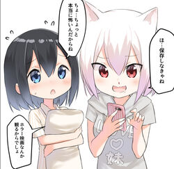  2girls :d animal_ears black_hair blood blue_eyes blush breasts cellphone clothes_writing collared_shirt commentary_request drawstring drooling flying_sweatdrops fox_ears grey_hoodie hair_between_eyes hands_up highres holding holding_phone hood hood_down hoodie hugging_object long_hair multiple_girls nosebleed open_mouth original phone pillow pillow_hug red_eyes saliva shirt short_sleeves simple_background small_breasts smile striped_clothes striped_shirt suzunari_arare suzunari_shizuku translation_request vertical-striped_clothes vertical-striped_shirt white_background white_hair yuki_arare 