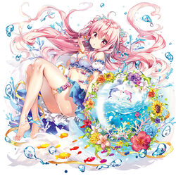  :o ahoge ass barefoot blue_flower blue_rose blush bow bracelet breasts cleavage commentary_request coral detached_sleeves dolphin double_bun female fish floating_hair flower frills full_body hair_bun hair_flower hair_ornament heart hibiscus jewelry knees_up long_hair looking_at_viewer medium_breasts navel original parted_lips photoshop_(medium) pink_eyes pink_hair puffy_detached_sleeves puffy_short_sleeves puffy_sleeves reclining rianastia_flugel ribbon riichu rose short_sleeves skindentation skirt solo sunflower thighlet very_long_hair water water_drop yellow_ribbon 