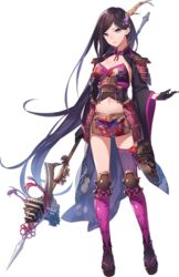  artist_request asymmetrical_legwear black_gloves black_hair breasts cleavage detached_sleeves female full_body gloves grey_eyes hair_ornament holding holding_polearm holding_weapon iyo_matsuyama_(oshiro_project) large_breasts long_hair midriff mismatched_legwear navel official_art oshiro_project:re parted_bangs polearm sandals solo spear transparent_background very_long_hair weapon 