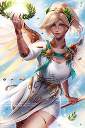  ancient_greek_clothes artist_name blonde_hair blue_eyes blue_sky breasts chiton commentary day dress female giving glowing glowing_wings greco-roman_clothes head_wreath high_ponytail holding holding_staff large_breasts laurel_crown lens_flare lips looking_at_viewer mechanical_wings mercy_(overwatch) nose official_alternate_costume olchas outdoors overwatch overwatch_1 pelvic_curtain peplos photoshop_(medium) short_sleeves signature sky smile solo spread_wings staff upper_body watermark web_address white_dress winged_victory_mercy wings yellow_wings 