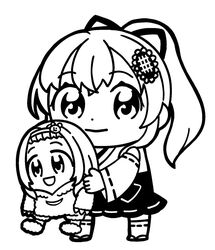  2girls :d bangs_pinned_back bear_hair_ornament bkub commentary detached_sleeves flower greyscale hair_flower hair_ornament hair_ribbon hairband hakama hakama_short_skirt hakama_skirt high_contrast holding_person honma_himawari honma_himawari_(4th_costume) hood hoodie japanese_clothes looking_to_the_side medium_hair miko monochrome morinaka_kazaki morinaka_kazaki_(1st_costume) multiple_girls nijisanji open_mouth ponytail ribbon ribbon-trimmed_sleeves ribbon-trimmed_thighhighs ribbon_trim sandals shoes sidelocks simple_background skirt smile sunflower sunflower_hair_ornament thighhighs virtual_youtuber white_background zouri 