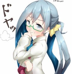  artist_name bad_id bad_twitter_id bespectacled blue_bow blue_bowtie blue_eyes blue_hair blush boruhis bow bowtie closed_mouth collared_shirt doyagao eyebrows female finger_to_eyewear from_side glasses green-framed_eyewear hair_ornament hand_up index_finger_raised kantai_collection kiyoshimo_(kancolle) long_hair long_sleeves looking_at_viewer multicolored_hair semi-rimless_eyewear shirt simple_background smile smug solo translated two-tone_hair under-rim_eyewear upper_body white_background white_shirt 