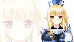  armor bad_id bad_pixiv_id blonde_hair breasts female hat highres huge_breasts kamidori_alchemy_meister light_smile long_hair looking_at_viewer photoshop_(medium) pointy_ears red_eyes sekireiakarin servalwi_endoss sidelocks smile solo tsurime upper_body white_background zoom_layer 