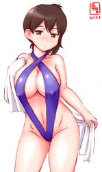  artist_logo artist_name black_hair blue_slingshot_swimsuit breasts brown_eyes commentary_request covered_nipples cowboy_shot dated female highleg highleg_swimsuit highres kaga_(kancolle) kanon_(kurogane_knights) kantai_collection large_breasts looking_at_viewer short_hair side_ponytail signature simple_background slingshot_swimsuit solo swimsuit towel white_background 