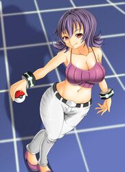  adahcm bare_shoulders cleavage female looking_at_viewer looking_up midriff natsume_(pokemon) navel pokeball pokemon pokemon_(game) pokemon_hgss purple_eyes short_hair smile solo standing tank_top thighs 