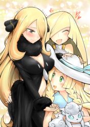  3girls alolan_vulpix ass_grab blonde_hair breasts cleavage commentary cynthia_(pokemon) english_commentary fur_trim green_eyes hand_on_another&#039;s_head hat heart highres holding holding_hands holding_pokemon lillie_(pokemon) long_hair looking_at_another lusamine_(pokemon) mother_and_daughter multiple_girls pokemon pokemon_(creature) pokemon_dppt pokemon_sm smile sun_hat very_long_hair yuri yuriwhale 