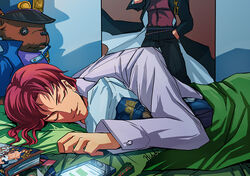  1boy bed chains commentary_request gakuran hat hideki jojo_no_kimyou_na_bouken kakyoin_noriaki kujo_jotaro male_focus pajamas photoshop_(medium) poster_(object) red_hair school_uniform sleeping solo stardust_crusaders stuffed_animal stuffed_toy teddy_bear 