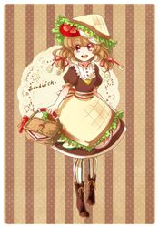  basket boots bread brown_hair dress egg female food food_on_head food_themed_clothes hair_ribbon lettuce object_on_head open_mouth original personification red_eyes ribbon sandwich short_twintails smile solo tomato twintails 