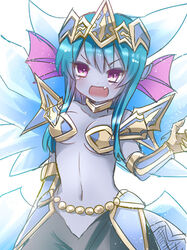  bare_shoulders blue_hair blue_skin blue_wings colored_skin commentary_request female headband hellice_frost_demon_(p&amp;d) hoshino_(nia_hoshino) ice ice_wings long_hair looking_at_viewer navel oerba_yun_fang open_mouth photoshop_(medium) purple_eyes puzzle_&amp;_dragons smile solo wings 