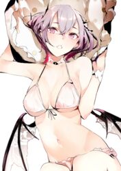  bare_arms bare_shoulders bat_wings bikini breasts cleavage commentary_request female front-tie_top gradient_hair hair_between_eyes halterneck highres looking_at_viewer medium_breasts multicolored_hair navel oerba_yun_fang original pink_hair purple_eyes purple_hair shunsei_(muratou) simple_background solo stomach string_bikini swimsuit vampire white_background white_bikini wings 